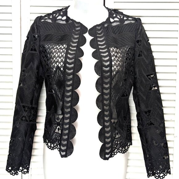 Ted Baker London Black Eyelet Lace Jacket Blazer Size 0 Open Topper Sheer Dalmy - Picture 1 of 16